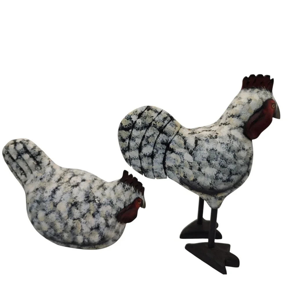 Vintage Handmade Chicken and Rooster Wooden Signed‎ Decorative Set of Two 2000